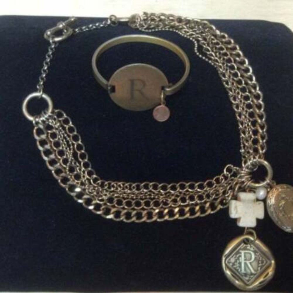 Designer Initial "R" Name Gold Tone Brass? Bracelet-Cross Necklace Jewelry